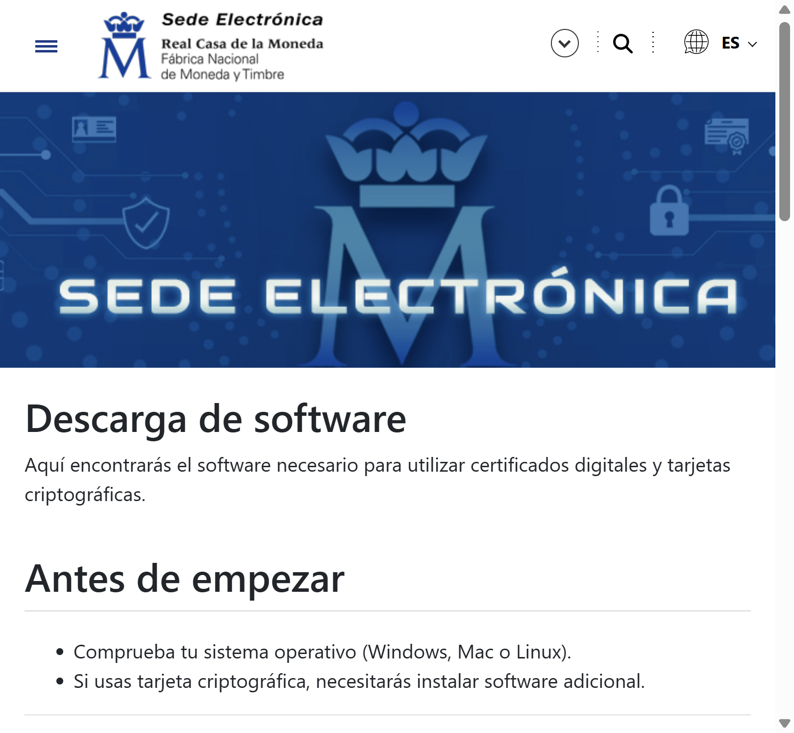 Página oficial FNMT: Descarga de software