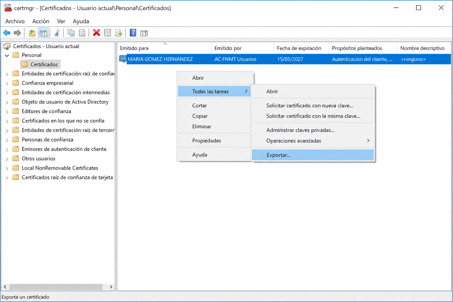 Administrador de certificados de Windows: Exportar