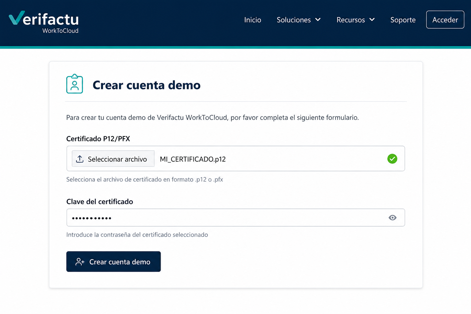 Portal Verifactu: subir certificado P12 y clave